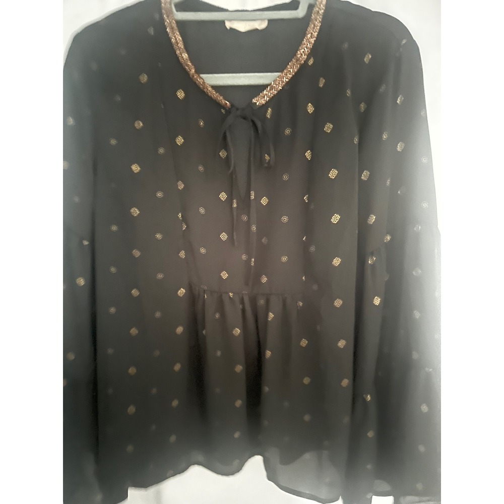 Altar'd State Black Gold Foil Beaded Neck Tiered Bell Sleeve Blouse Large Boho
